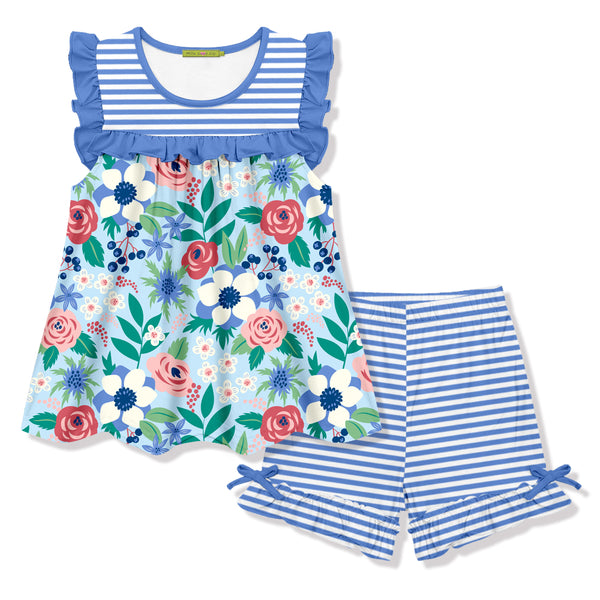 Blue Mandy Floral Ruffle Sleeveless Top & Stripe Bow Shorts