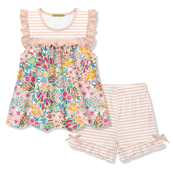 Light Pink Christie Flower Ruffle Sleeveless Top & Stripe Bow Shorts