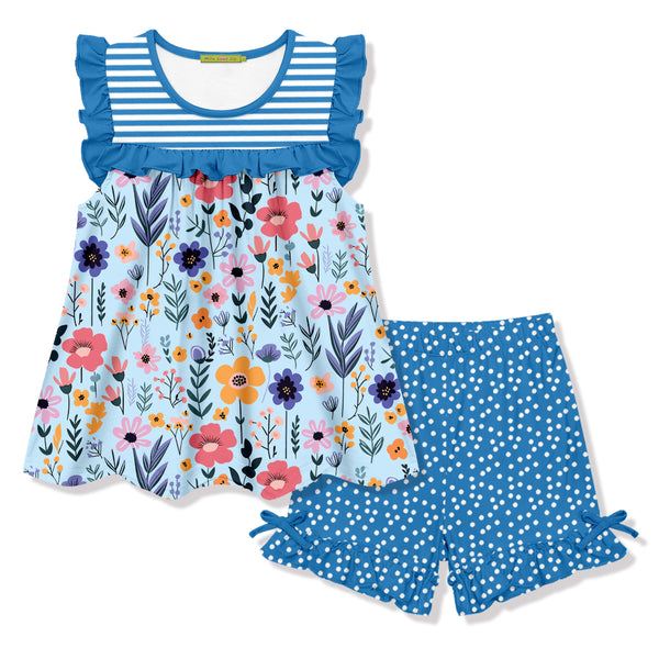 Ice Blue Floral Ruffle Sleeveless Top & Bow Shorts