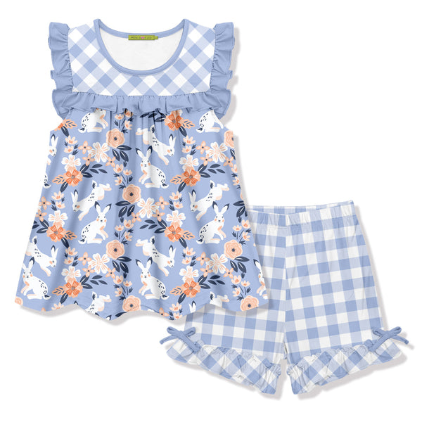 Periwinkle Bunny Meadow Sleeveless Top & Gingham Bow Shorts