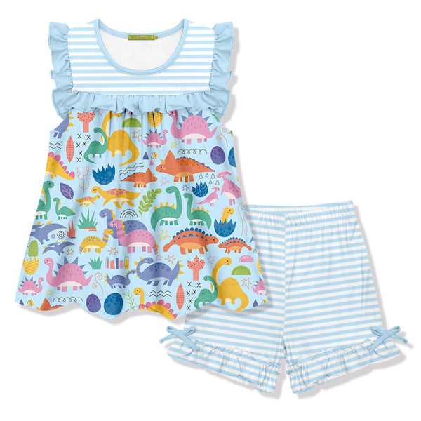 Ice Blue Dino Rama Sleeveless Top & Stripe Bow Shorts