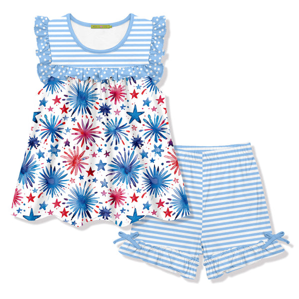 White Watercolor Fireworks Sleeveless Top & Stripe Bow Shorts