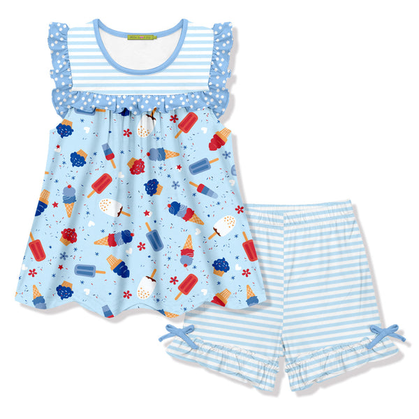 Ice Blue Ice Cream Sleeveless Top & Stripe Bow Shorts