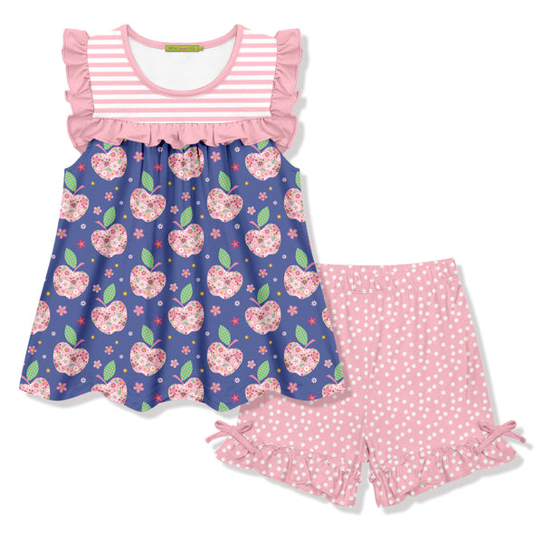 Kids Pink Apple Flowers Ruffle Sleeveless Top & Pin Dot Bow Shorts