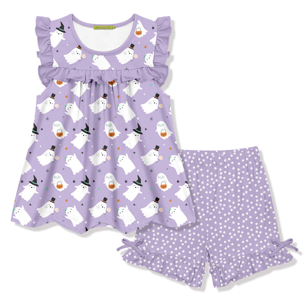 Kids Lilac Floating Ghost Ruffle Sleeveless Top & Pin Dot Bow Shorts