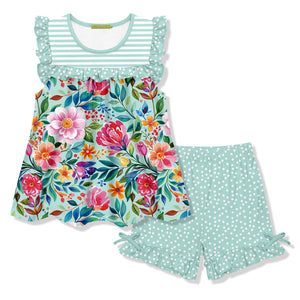 Kids Mint Becky Floral Ruffle Sleeveless Top & Pin Dot Bow Shorts