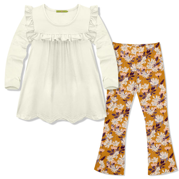 Millie Loves Lily Cream Ruffle Top & Floral Flared Legging Set, Big Girl