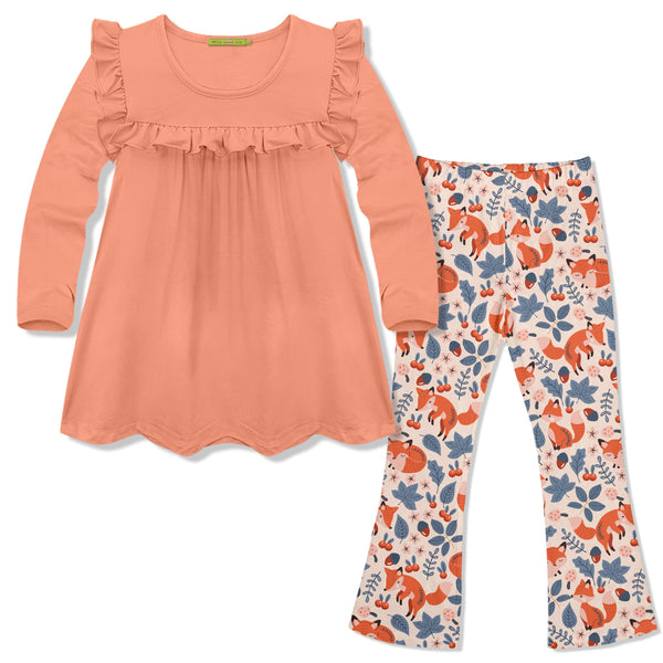 Coral Ruffle Long-Sleeve Top & Fox Leaves Flare Leggings