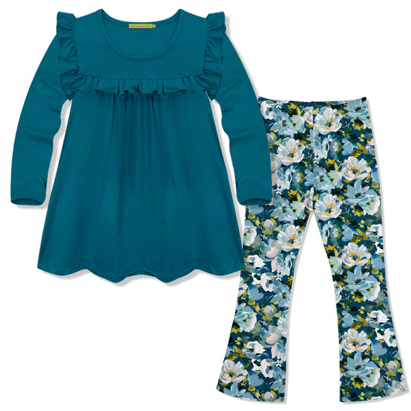 Teal Ruffle Long-Sleeve Top & Floral Flare Leggings