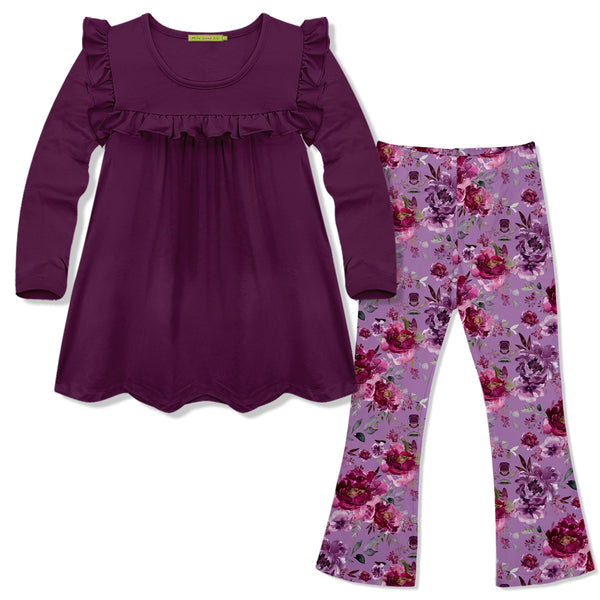 Plum Ruffle Long-Sleeve Top & Floral Flare Leggings