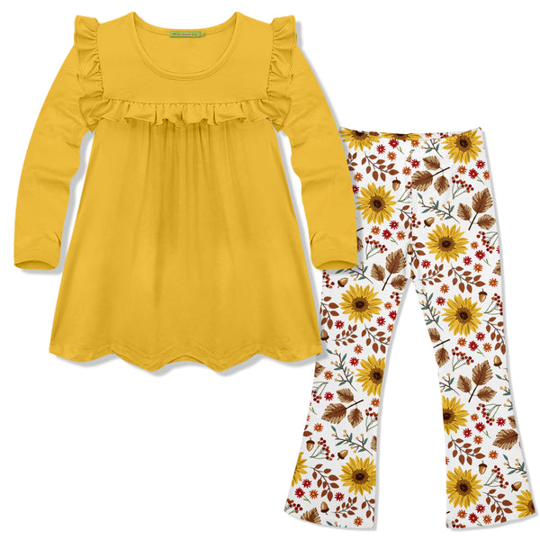 Yellow Ruffle Long-Sleeve Top & Sunflower Flare Leggings