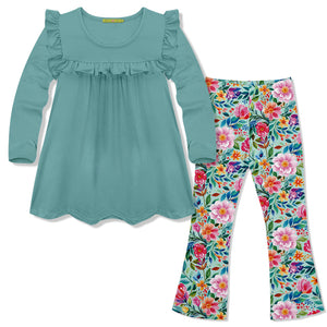 Millie Loves Lily Girls Nile Blue Ruffle Top & Floral Legging Set, Size 8, 2PCS