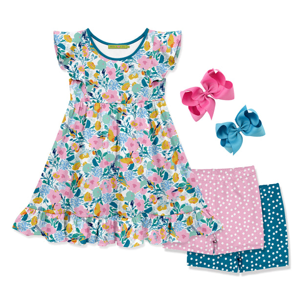 5-PC Turquoise Floral Whimsy Angel-Sleeve Dress & Hair Bow Set