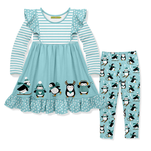 Aqua Penguin Skate Angel-Sleeve Dress & Leggings