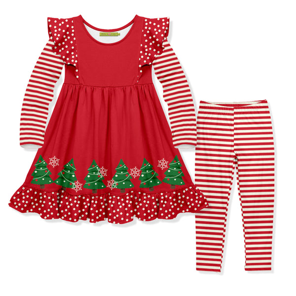 Millie Loves Lily Girls Red Christmas Tree Border Angel Wing Dress & Legging Set