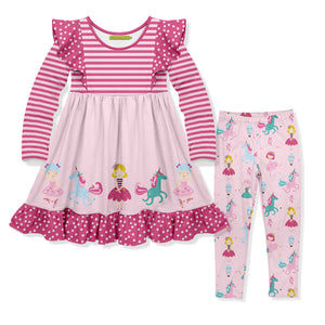 Millie Loves Lily Girls Pink Princess Border Print Dress and Legging Set, 2-PCS