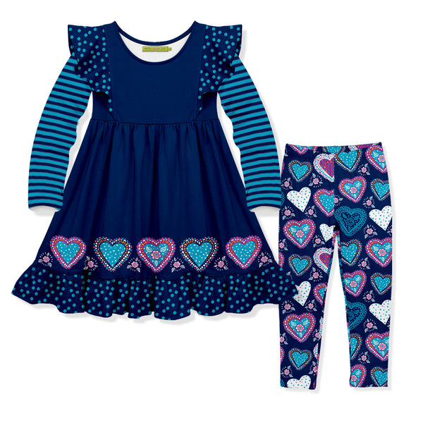 Dark Navy Nave of Heart Angel-Sleeve Dress & Leggings