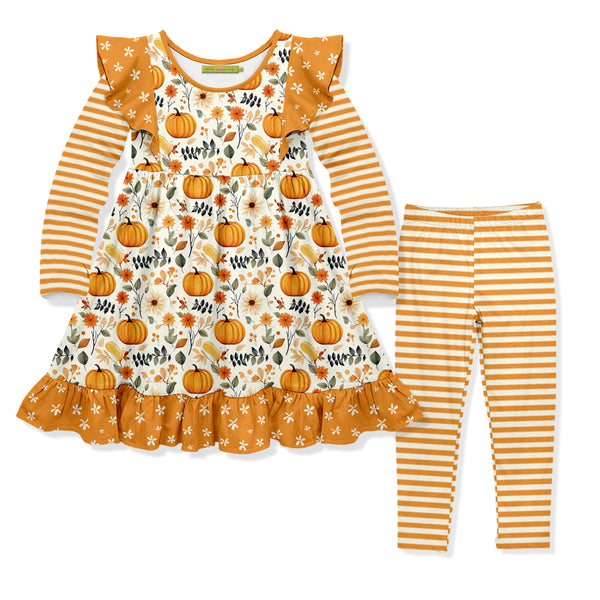 Cream Pumpkin Forest Angel-Sleeve Dress & Stripe Leggings