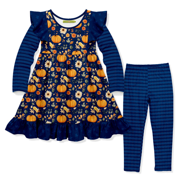 Navy Pumpkin Forest Angel-Sleeve Dress & Stripe Leggings