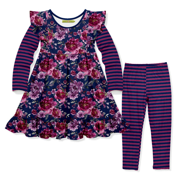 Violet Floral Angel-Sleeve Dress & Stripe Leggings