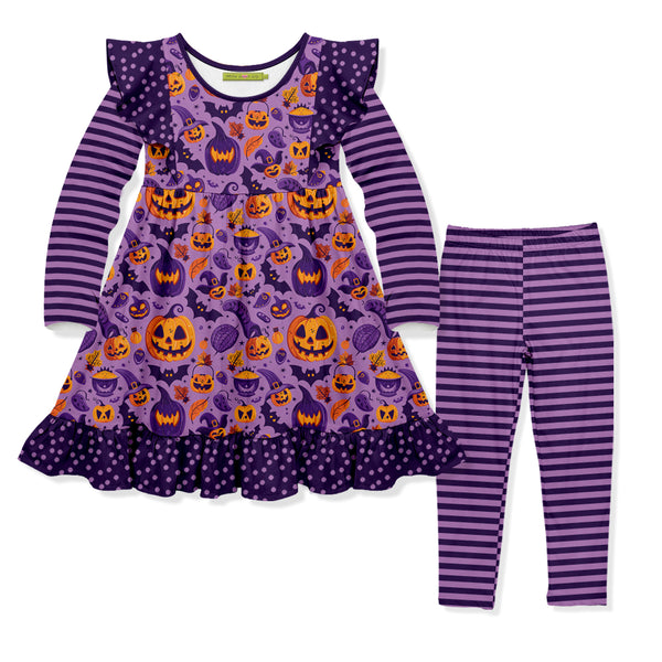 Purple Halloween Pumpkin Angel-Sleeve Dress & Stripe Leggings