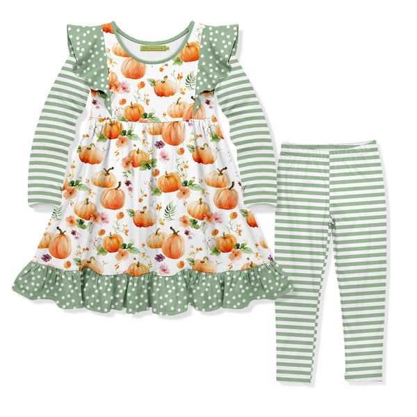 Sage Pumpkins Angel-Sleeve Dress & Stripe Leggings