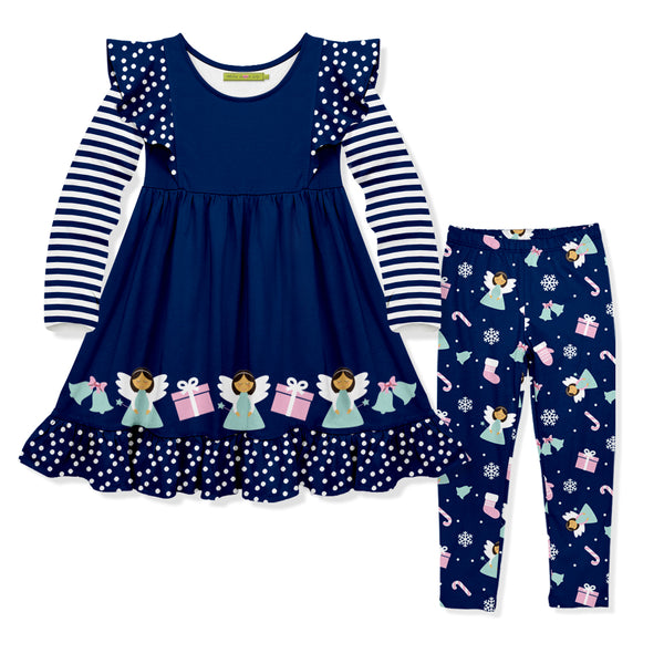 Navy Christmas Angels Angel-Sleeve Dress & Leggings