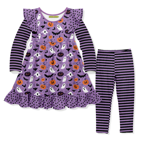 Kids Purple Halloween Spirit Angel-Sleeve Dress & Stripe Leggings