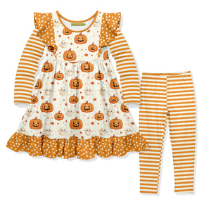 Kids Cream Happy Pumpkin Angel-Sleeve Dress & Stripe Leggings