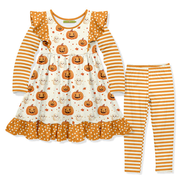 Kids Cream Happy Pumpkin Angel-Sleeve Dress & Stripe Leggings