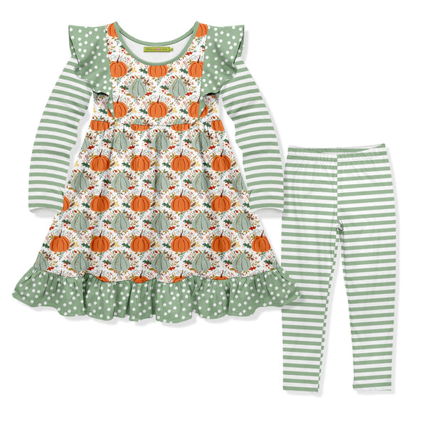 Kids Sage Pumpkin Patch Angel-Sleeve Dress & Stripe Leggings