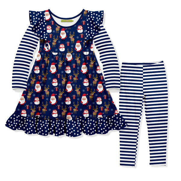 Kids Navy Santa & Deer Angel Sleeve Dress & Stripe Leggings