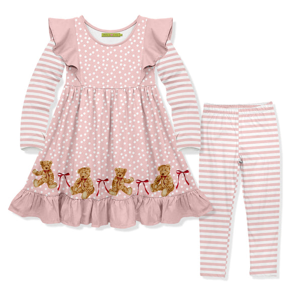 Kids Pink Teddy Bear & Bows  Angel-Sleeve Dress & Stripe Leggings