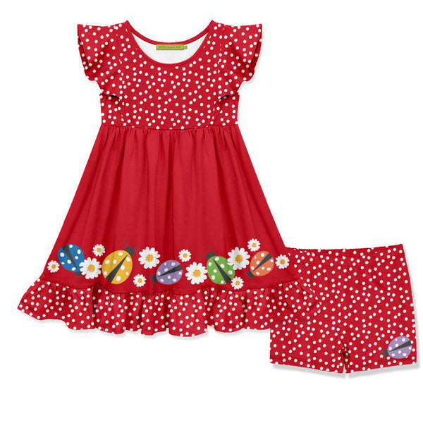 Kids Red Ladybug Angel-Sleeve Dress & Shorts