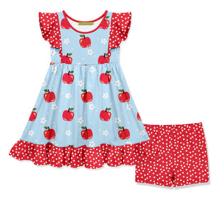 Light Blue Vintage Apple Angel-Sleeve Dress & Polka Dot Shorts