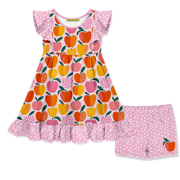 Pink Happy Apple Angel-Sleeve Dress & Polka Dot Shorts