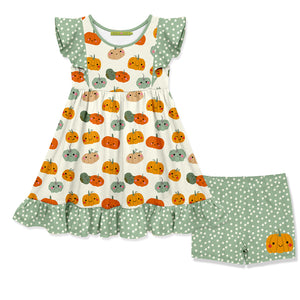 Cream Winking Pumpkins Angel-Sleeve Dress & Polka Dot Shorts