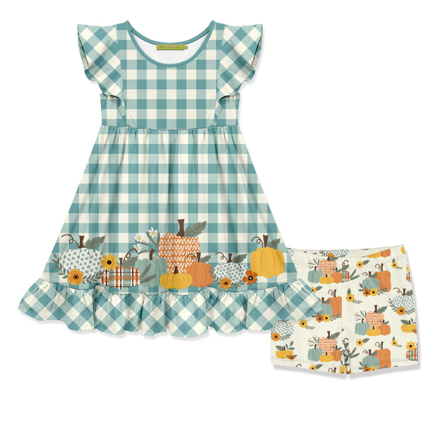 Nile Blue Gingham Angel-Sleeve Dress & Cream Pumpkin Patchwork Shorts