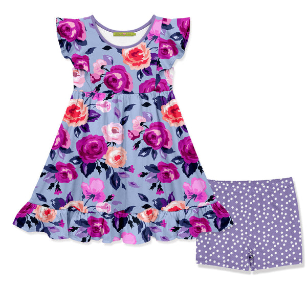 Millie Loves Lily Girls Periwinkle Rose Angel-Sleeve Dress & Purple Dot Shorts Set