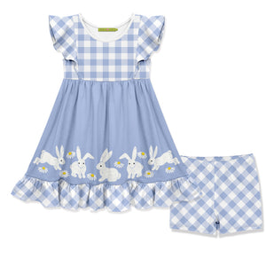 Millie Loves Lily Girls Blue Easter Bunny Border Angel-Sleeve Dress & Gingham Shorts Set