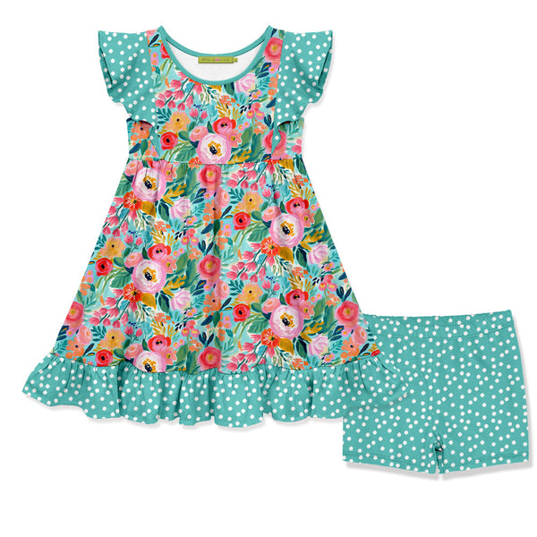 Millie Loves Lily Girls Turquoise New Beginnings Floral Angel Sleeve Dress and Short Set