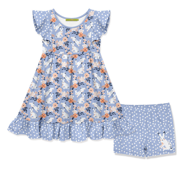 Periwinkle Bunny Meadow Angel-Sleeve Dress & Shorts