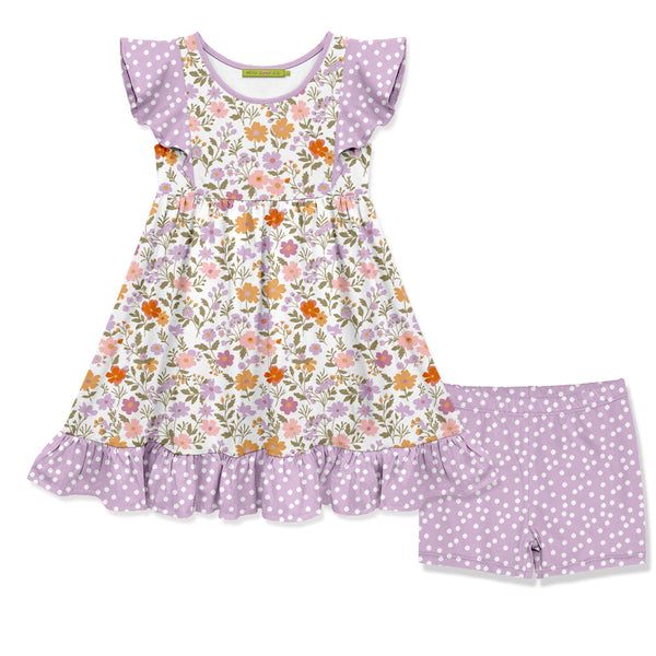 Lilac Beatrice Floral Angel-Sleeve Dress & Shorts