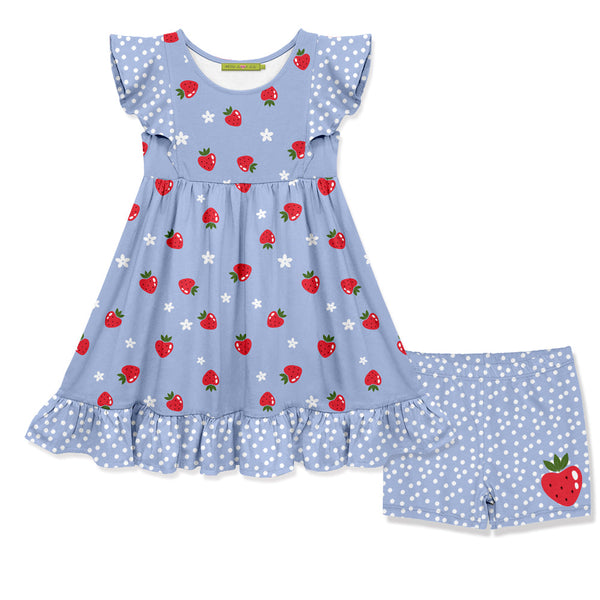 Kids Periwinkle Strawberries Angel-Sleeve Dress & Shorts