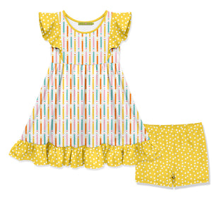 Kids Yellow Pencils Angel-Sleeve Dress & Shorts
