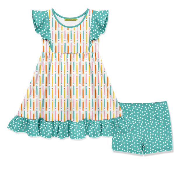 Kids Turquoise Pencils Angel-Sleeve Dress & Shorts