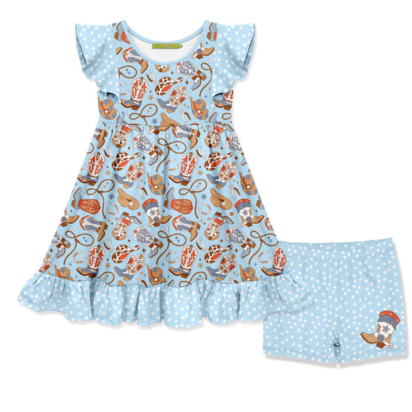 Millie Loves Lily Girls Blue Howdy Boots Dress & Dot Short Set,Big Girl,Size 10(2PCS)