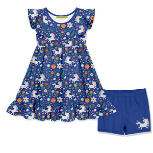 Kids Blue Unicorn Prance Angel-Sleeve Dress & Shorts
