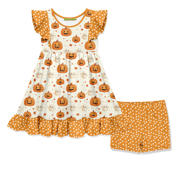 Kids Cream Happy Pumpkin Angel-Sleeve Dress & Dot Shorts