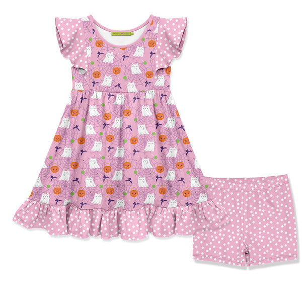 Kids Pink Ghost & Lollipops Angel-Sleeve Dress & Dot Shorts